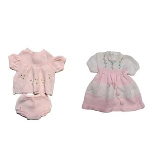 Vintage  Girls Dress Knit Pink White Soft Spun 9 Months  Acrylic Japan  Lot Of 2